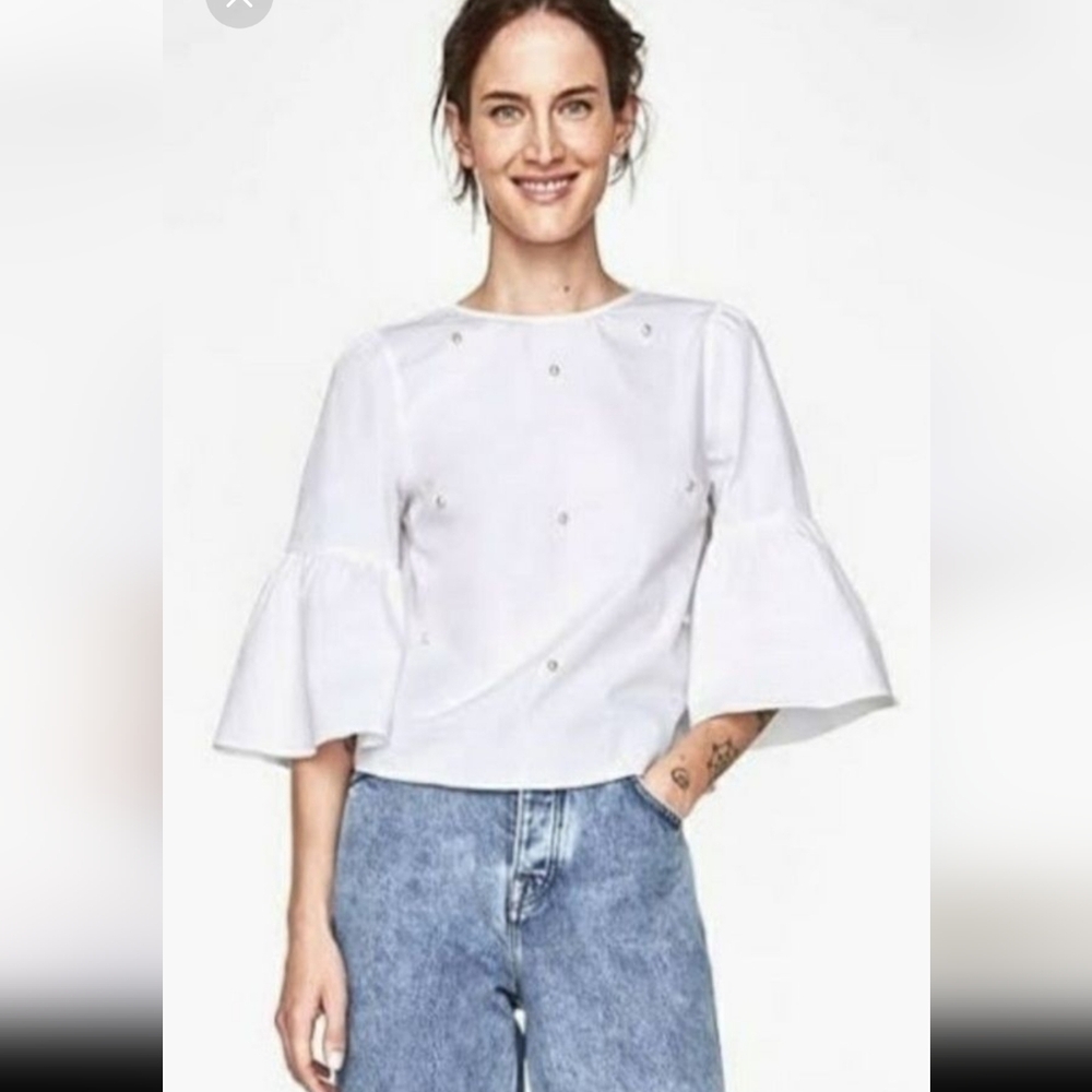 Zara Large White Bell Cotton Pearl Detail 3/4 Length Top Blouse